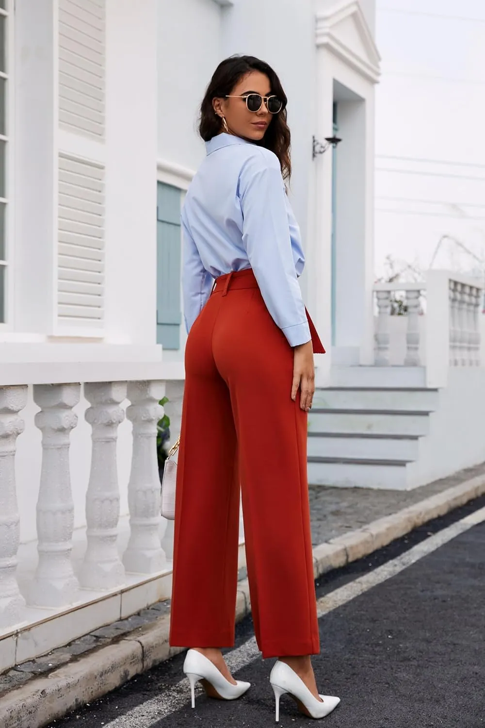 Women's Casual High Waisted Wide Leg Dress Pants with Pockets and Belt