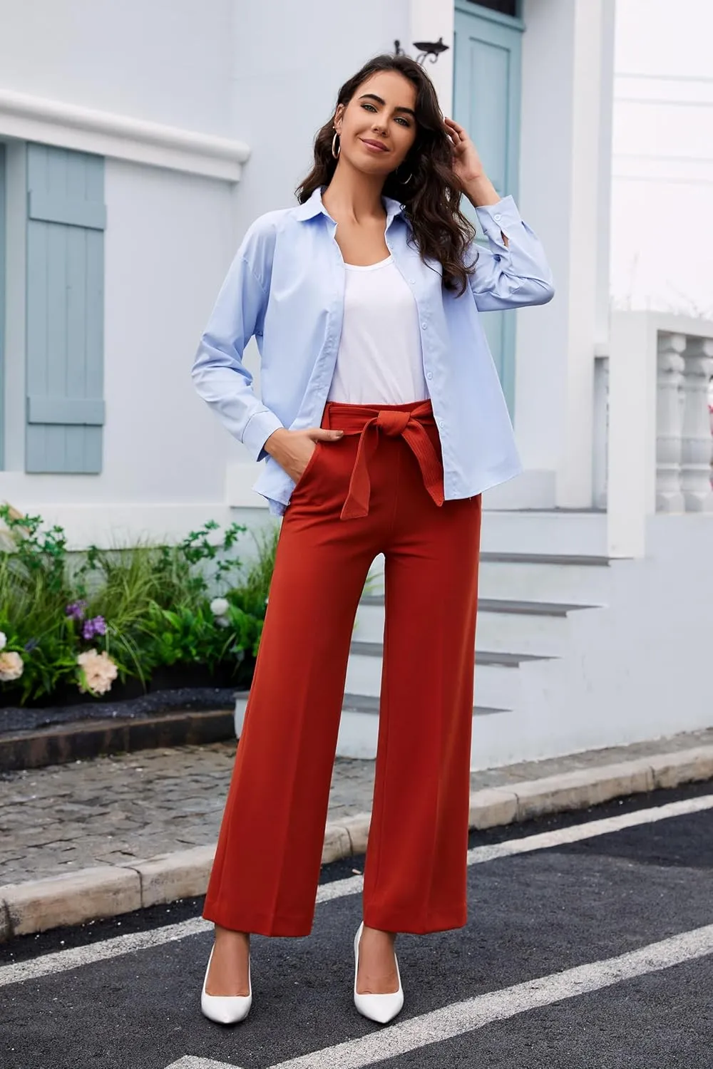 Women's Casual High Waisted Wide Leg Dress Pants with Pockets and Belt