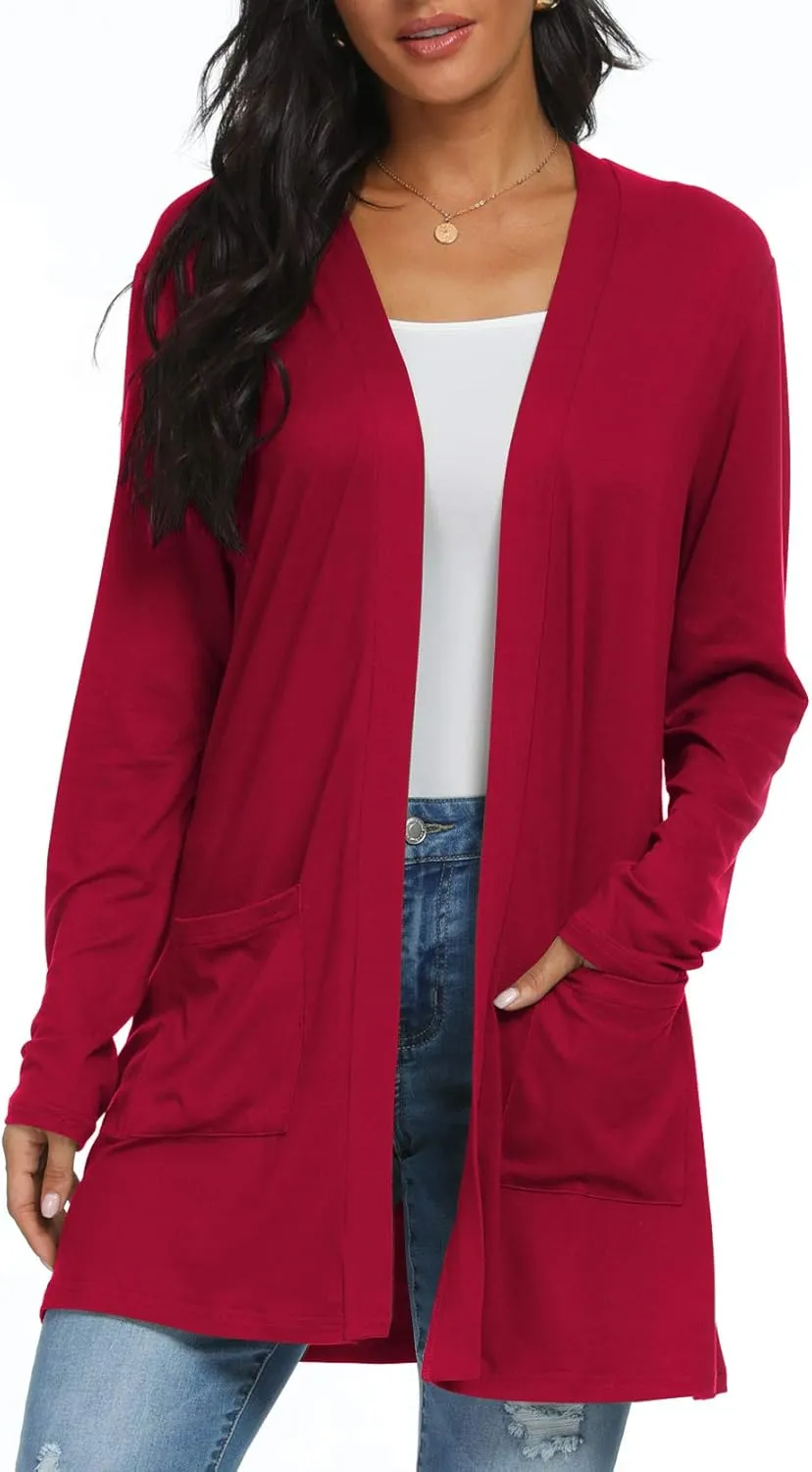 Womens Casual Lightweight with Pocketes Long Sleeve Open Front Cardigan