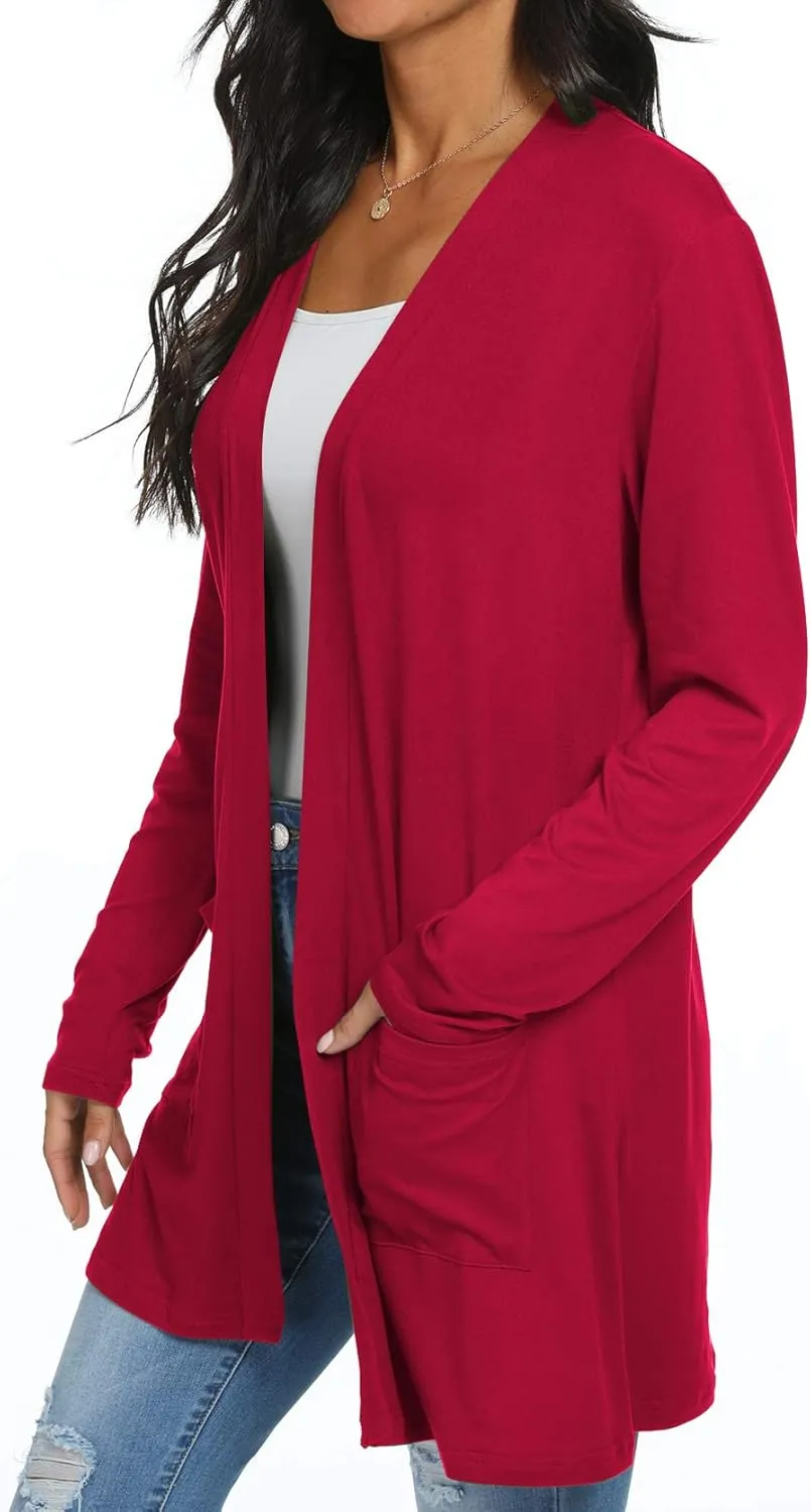 Womens Casual Lightweight with Pocketes Long Sleeve Open Front Cardigan