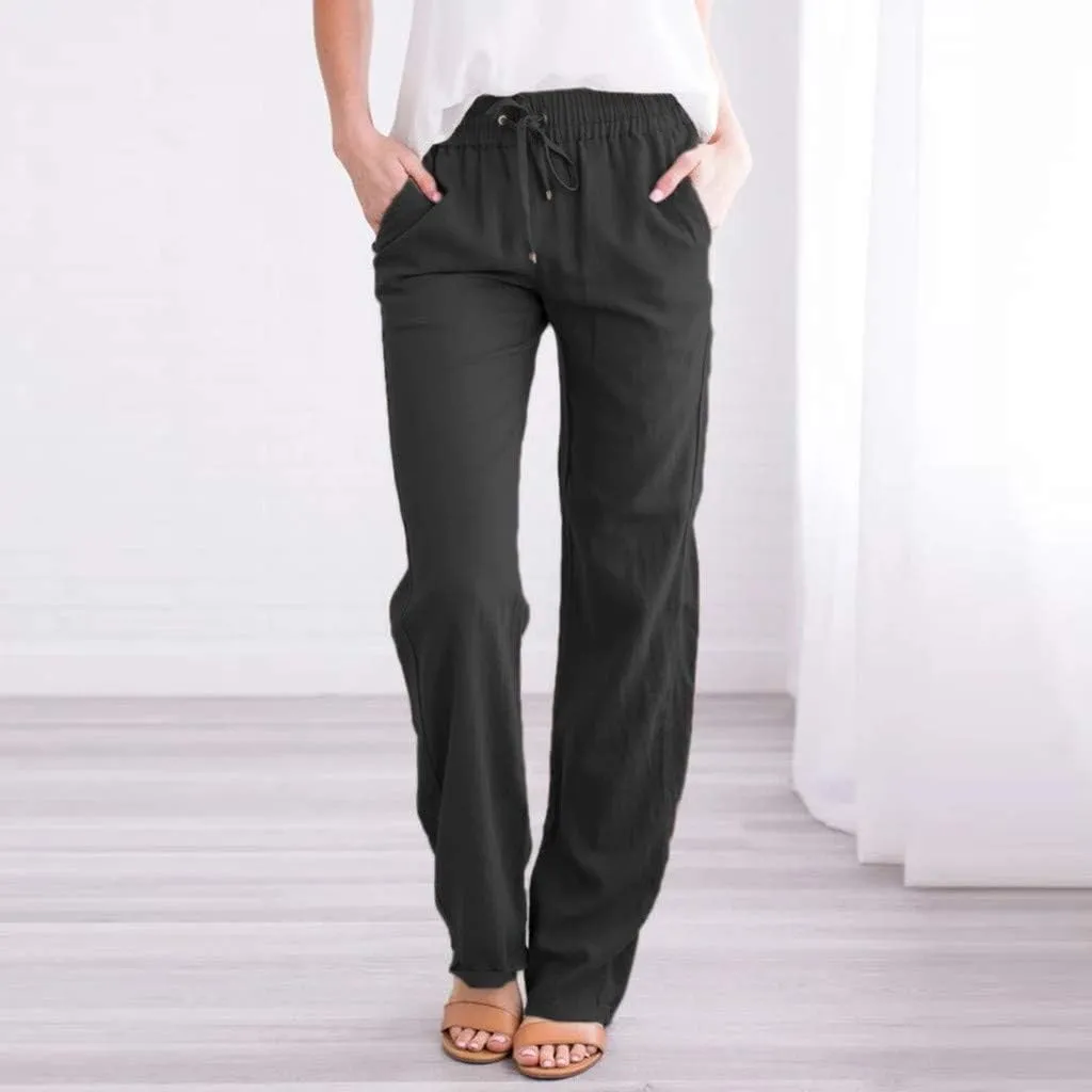 Womens Casual Linen High Waist Pants Drawstring Loose Fit Lightweight Summer Pants Trousers with Side Pockets