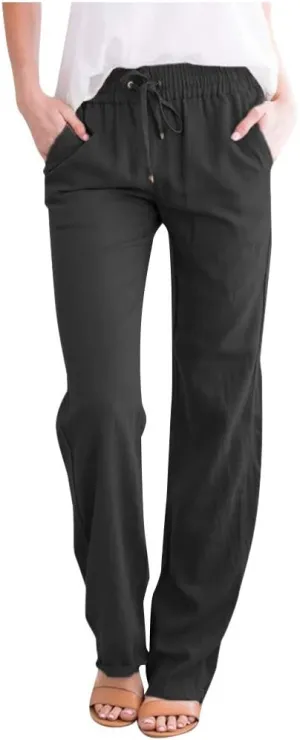 Womens Casual Linen High Waist Pants Drawstring Loose Fit Lightweight Summer Pants Trousers with Side Pockets