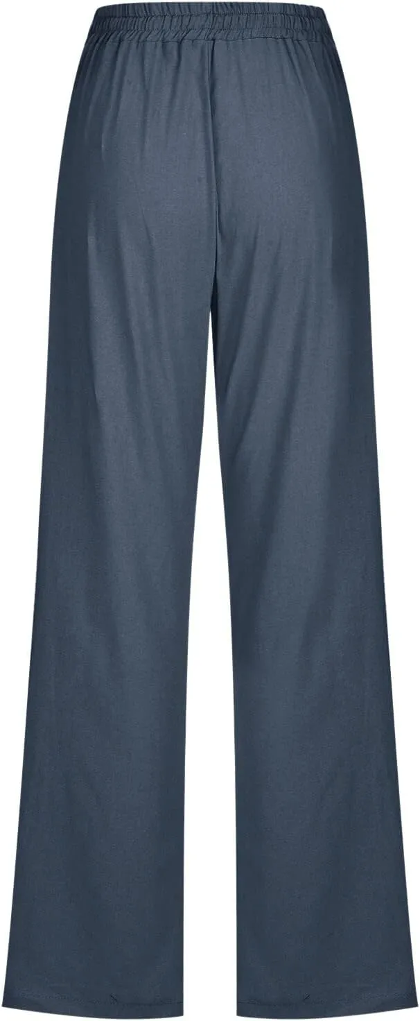 Womens Casual Linen Pants Summer Outfits Boho Drawstring Elastic Waist Trousers Lounge Vacation Clothing