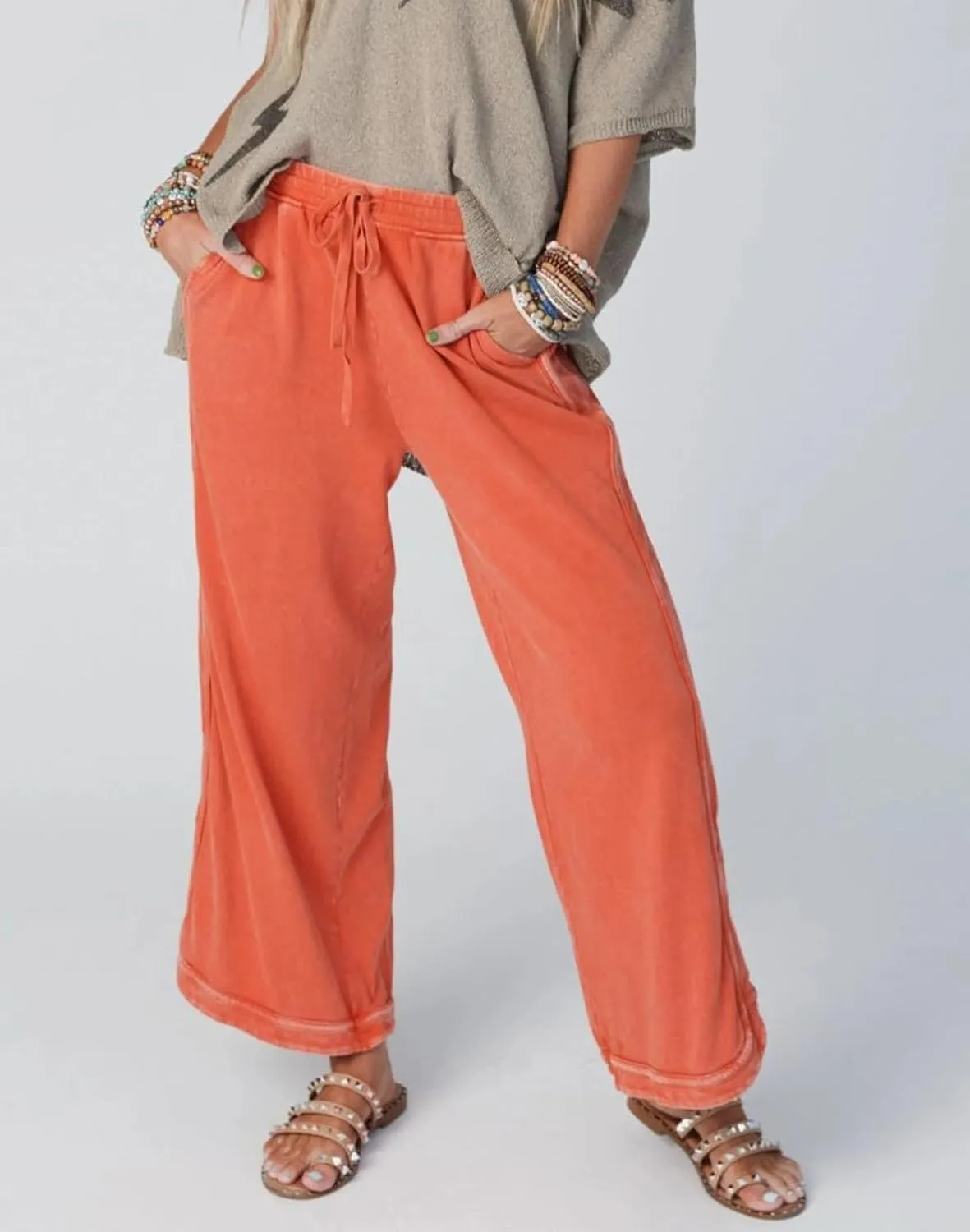 Womens Casual Wide Leg Sweatpants High Waisted Drawstring Palazzo Pants Summer Loose Lounge Pants with Pockets