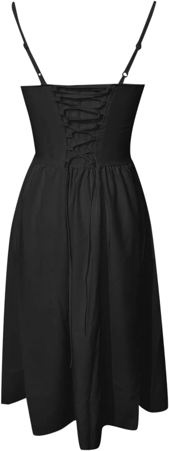 Womens Corset Dress Spaghetti Strap Bustier Midi Dress Sexy Partydress Flowy Pleated Hem Low Cut Prom Dresses