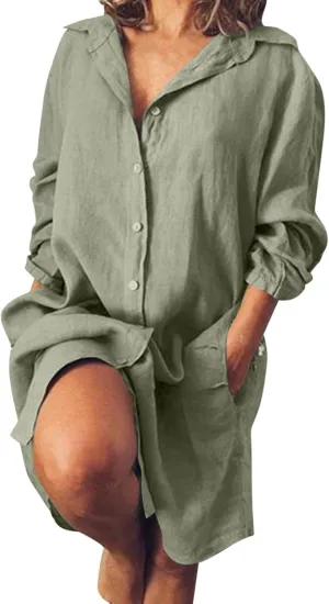 Womens Cotton Linen Midi Dress Summer Solid Color Long Sleeve V-Neck T-Shirt Dresses Plus Size Flowy Beach Dress