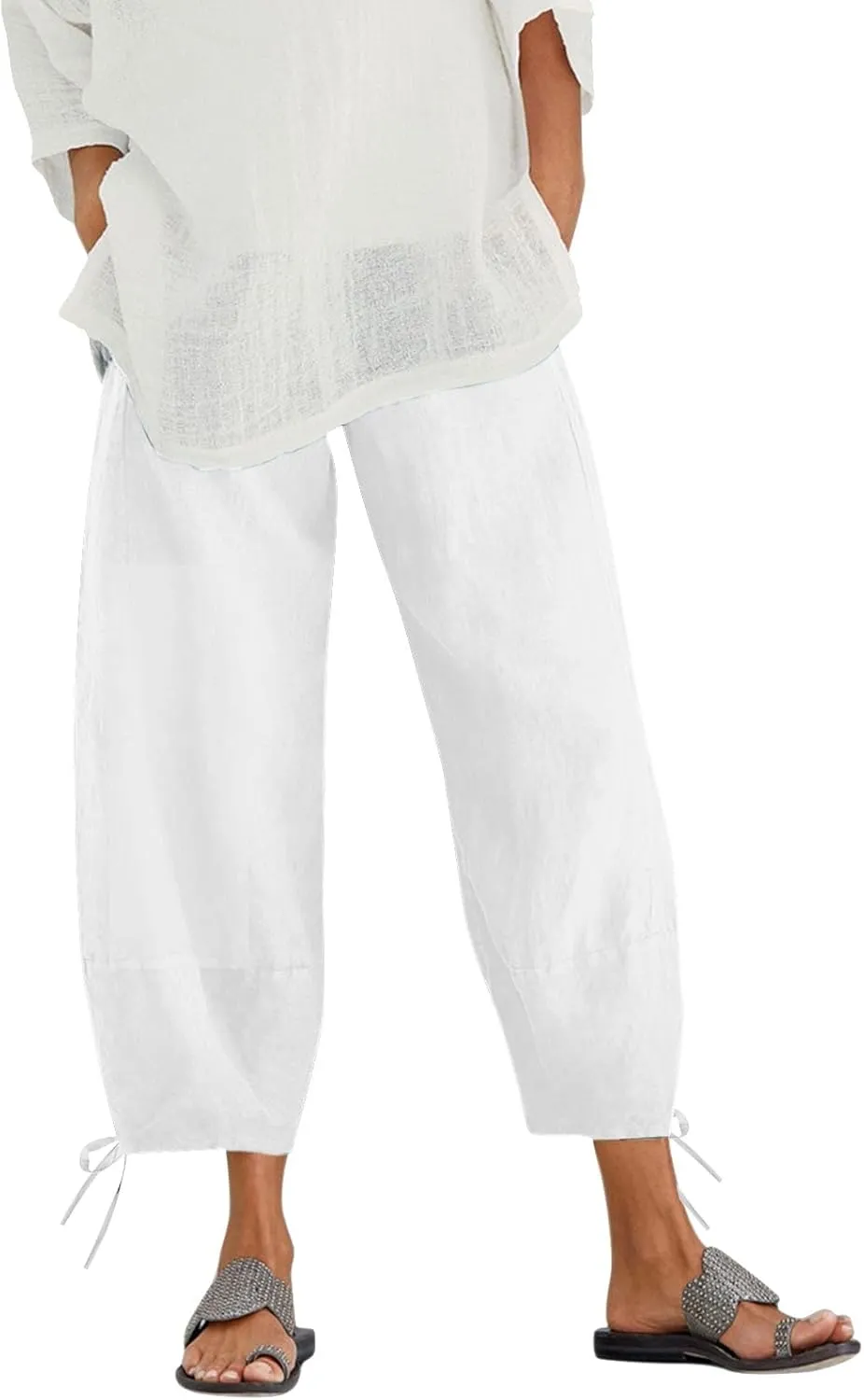 Women's Cotton Linen Pants Casual Tapered Harem Pants Loose Fit Flax Ankle Trousers Summer Baggy Slacks with