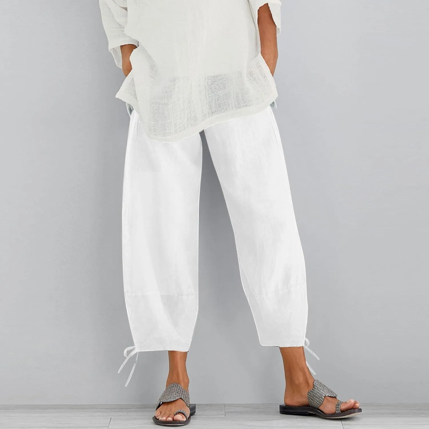 Women's Cotton Linen Pants Casual Tapered Harem Pants Loose Fit Flax Ankle Trousers Summer Baggy Slacks with