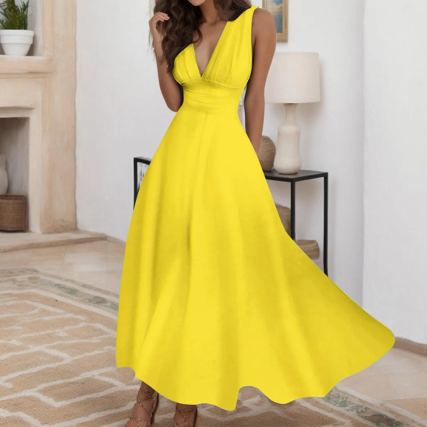 Women's Deep V Neck Prom Dresses Maxi Dress Summer Beach Vacation A Line Formal Evening Gowns Ladies Sundresses