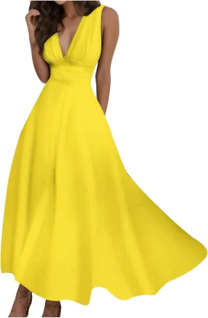 Women's Deep V Neck Prom Dresses Maxi Dress Summer Beach Vacation A Line Formal Evening Gowns Ladies Sundresses