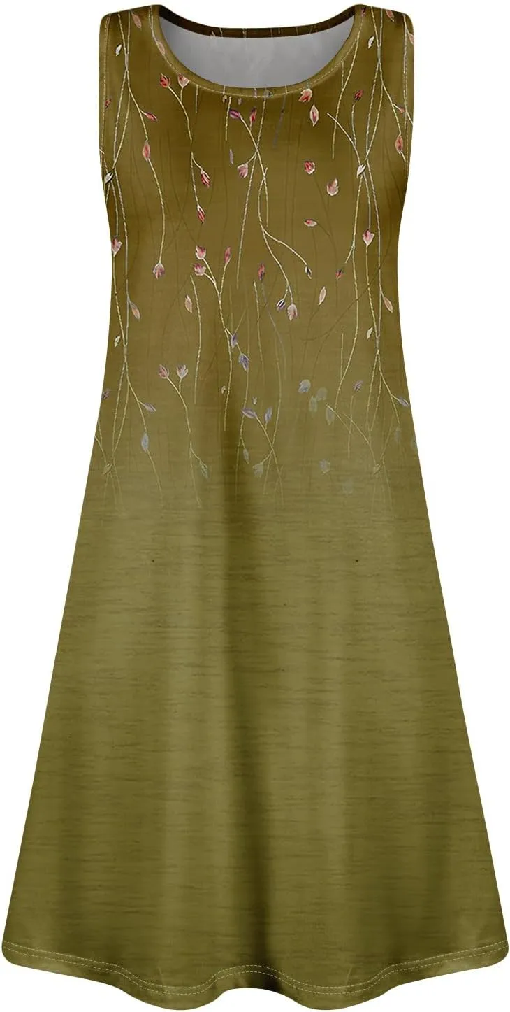 Womens Dresses Spring Tank Sundresses Cover Up Sleeveless Patterned Short Dresses Beach Summer Flowy Dress with Pocket