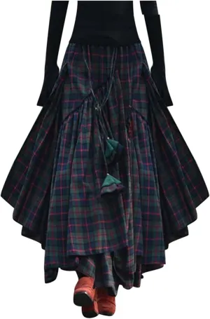 Womens Elastic High Waist Pleated A-Line Flowy Swing Asymmetric Tiered Maxi Skirt Vintage High Low A Line (Green, S)