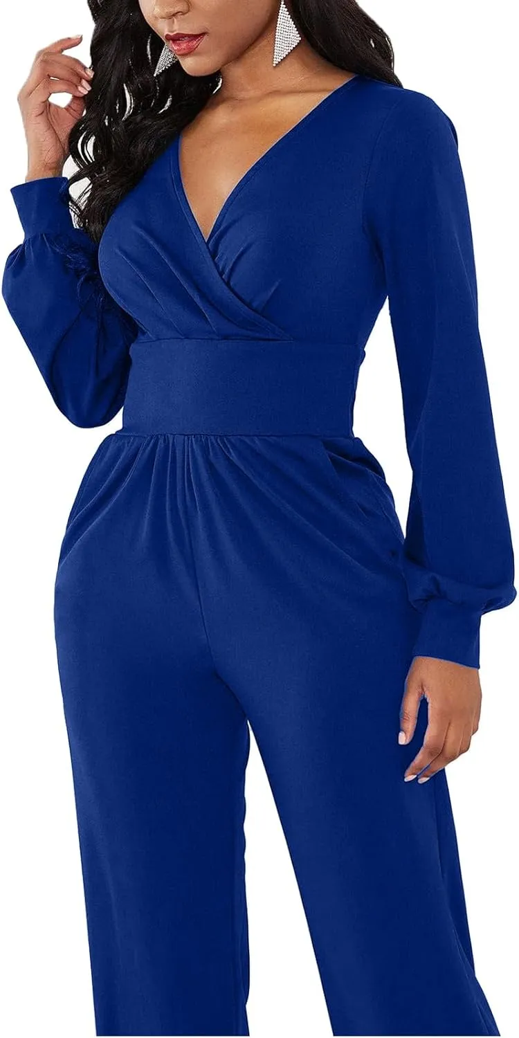 Women's Fall Jumpsuits Long Sleeve Wrap Front Jumpsuit Dressy One Piece Outfits Long Pants Cocktail Party Romper