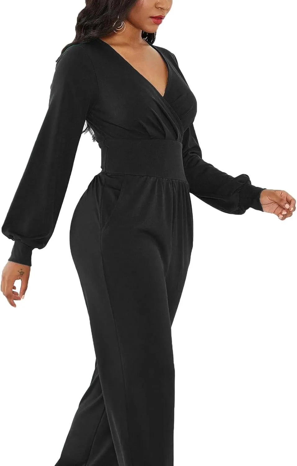 Women's Fall Jumpsuits Long Sleeve Wrap Front Jumpsuit Dressy One Piece Outfits Long Pants Cocktail Party Romper