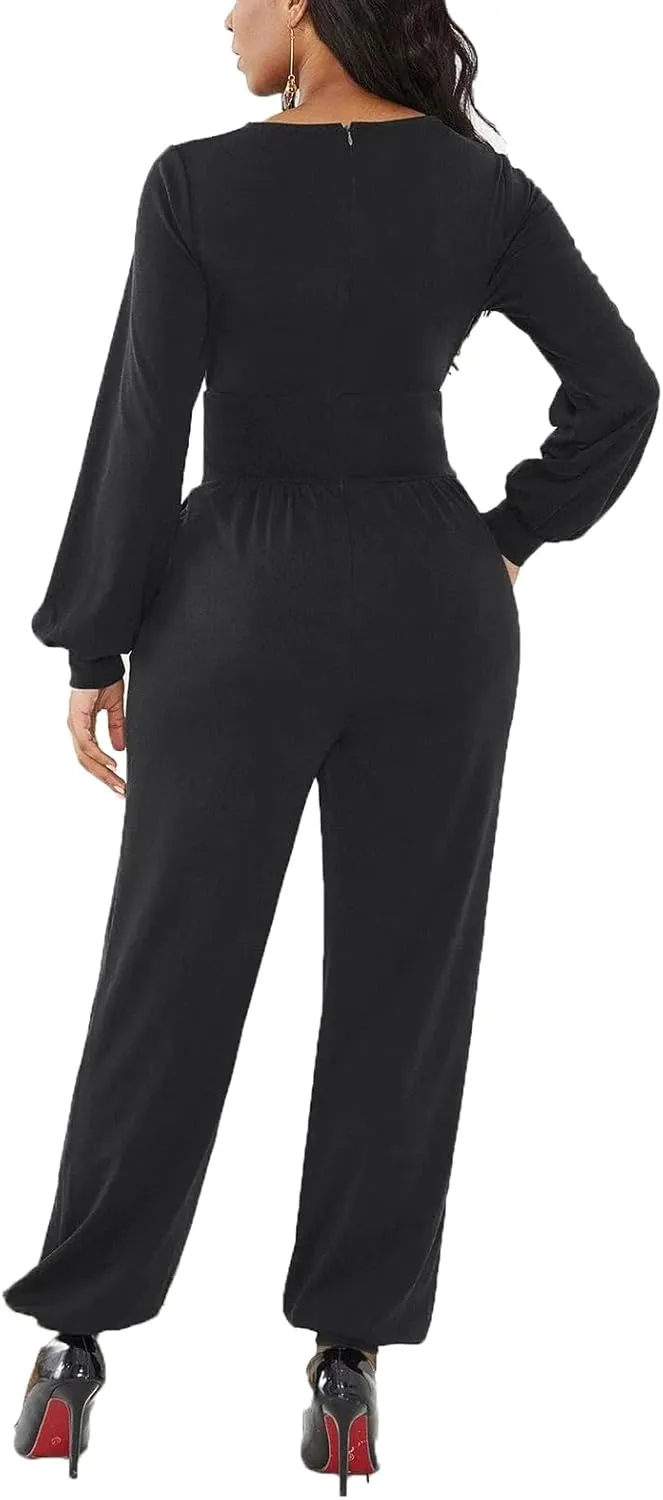 Women's Fall Jumpsuits Long Sleeve Wrap Front Jumpsuit Dressy One Piece Outfits Long Pants Cocktail Party Romper