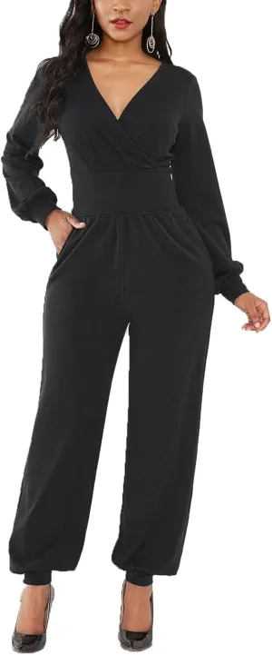 Women's Fall Jumpsuits Long Sleeve Wrap Front Jumpsuit Dressy One Piece Outfits Long Pants Cocktail Party Romper