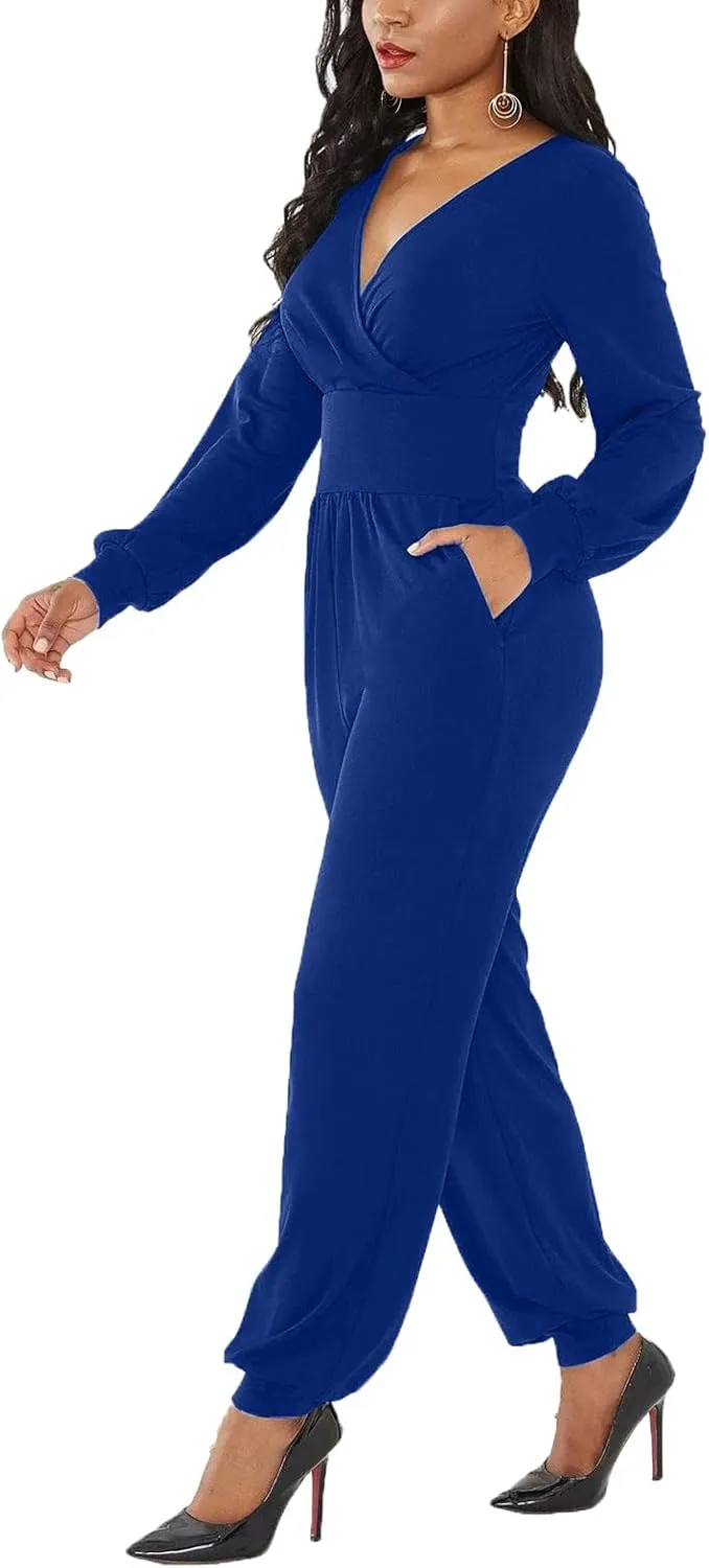 Women's Fall Jumpsuits Long Sleeve Wrap Front Jumpsuit Dressy One Piece Outfits Long Pants Cocktail Party Romper