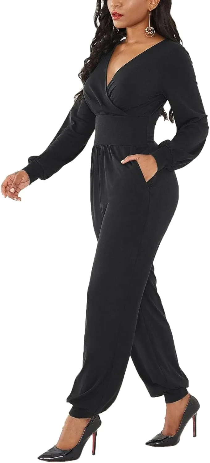 Women's Fall Jumpsuits Long Sleeve Wrap Front Jumpsuit Dressy One Piece Outfits Long Pants Cocktail Party Romper