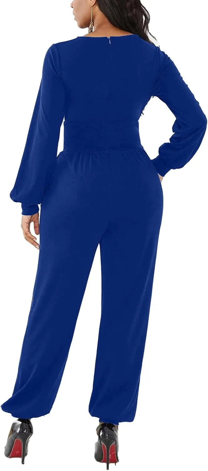 Women's Fall Jumpsuits Long Sleeve Wrap Front Jumpsuit Dressy One Piece Outfits Long Pants Cocktail Party Romper