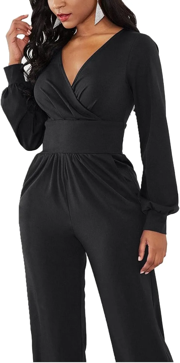 Women's Fall Jumpsuits Long Sleeve Wrap Front Jumpsuit Dressy One Piece Outfits Long Pants Cocktail Party Romper