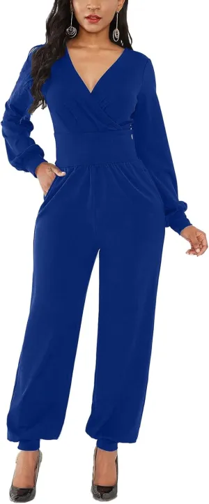 Women's Fall Jumpsuits Long Sleeve Wrap Front Jumpsuit Dressy One Piece Outfits Long Pants Cocktail Party Romper