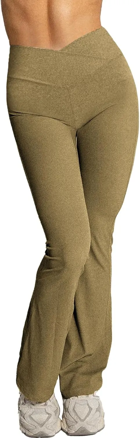 Women's Flare Yoga Pants High Waisted Tummy Control Scrunch Butt Lifting Leggings Crossover Ruched Trousers