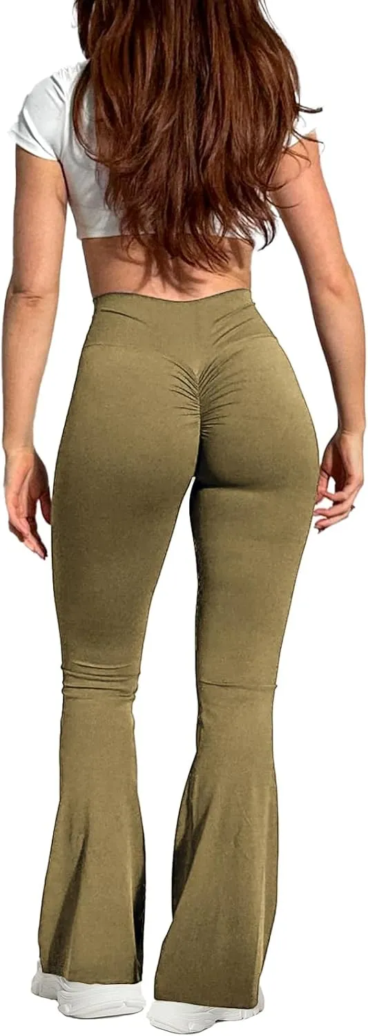 Women's Flare Yoga Pants High Waisted Tummy Control Scrunch Butt Lifting Leggings Crossover Ruched Trousers
