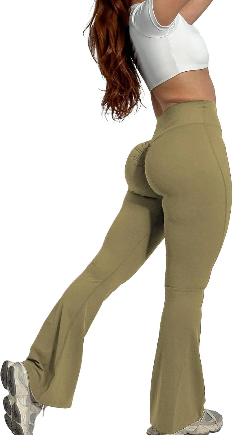Women's Flare Yoga Pants High Waisted Tummy Control Scrunch Butt Lifting Leggings Crossover Ruched Trousers
