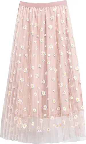 Women's Floral Midi Skirt Elastic Pleated Mesh A-Line Tulle Skirt Swing Women Skirt Wrap Midi Skirts Ankle Skirts