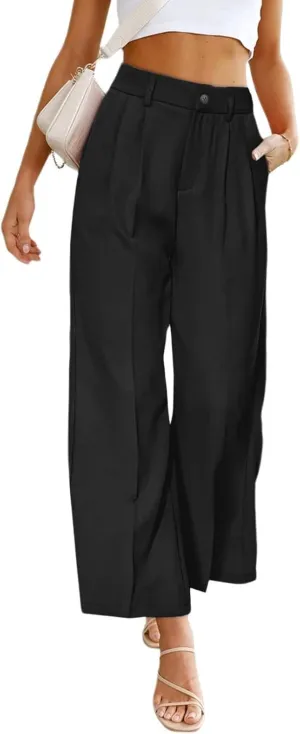 Women's Half-Elastic Waist Dress Pants Wide Leg Cropped Trousers for Business Casual Work