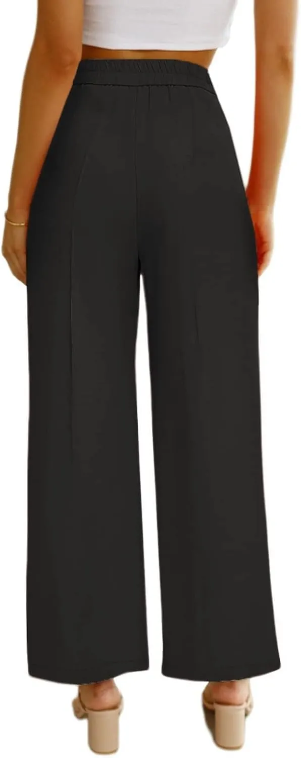 Women's Half-Elastic Waist Dress Pants Wide Leg Cropped Trousers for Business Casual Work