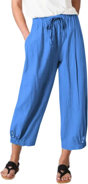 Womens High Waist Casual Wide Leg Loose Linen Trouser Capri Wide Leg Cropped Pants with Drawstring