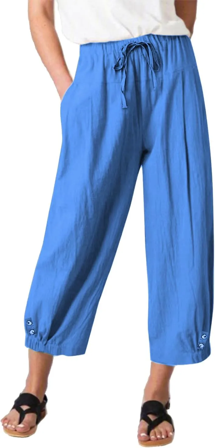 Womens High Waist Casual Wide Leg Loose Linen Trouser Capri Wide Leg Cropped Pants with Drawstring