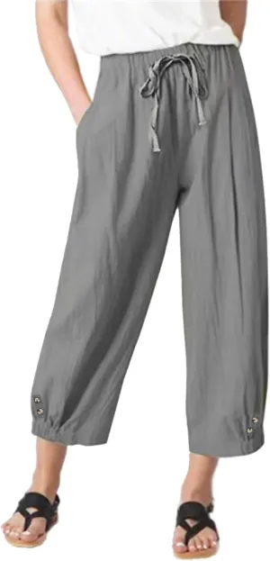 Womens High Waist Casual Wide Leg Loose Linen Trouser Capri Wide Leg Cropped Pants with Drawstring