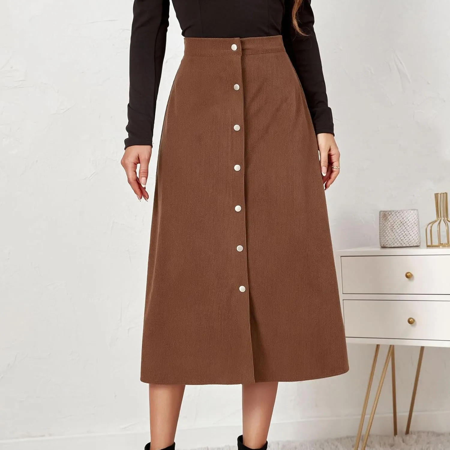 Women's High Waist Corduroy A-Line Skirts Button Down Business Work Office Skirt Casual A Line Trendy Dress