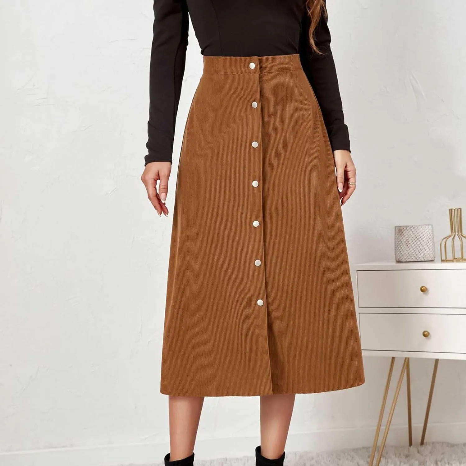 Women's High Waist Corduroy A-Line Skirts Button Down Business Work Office Skirt Casual A Line Trendy Dress