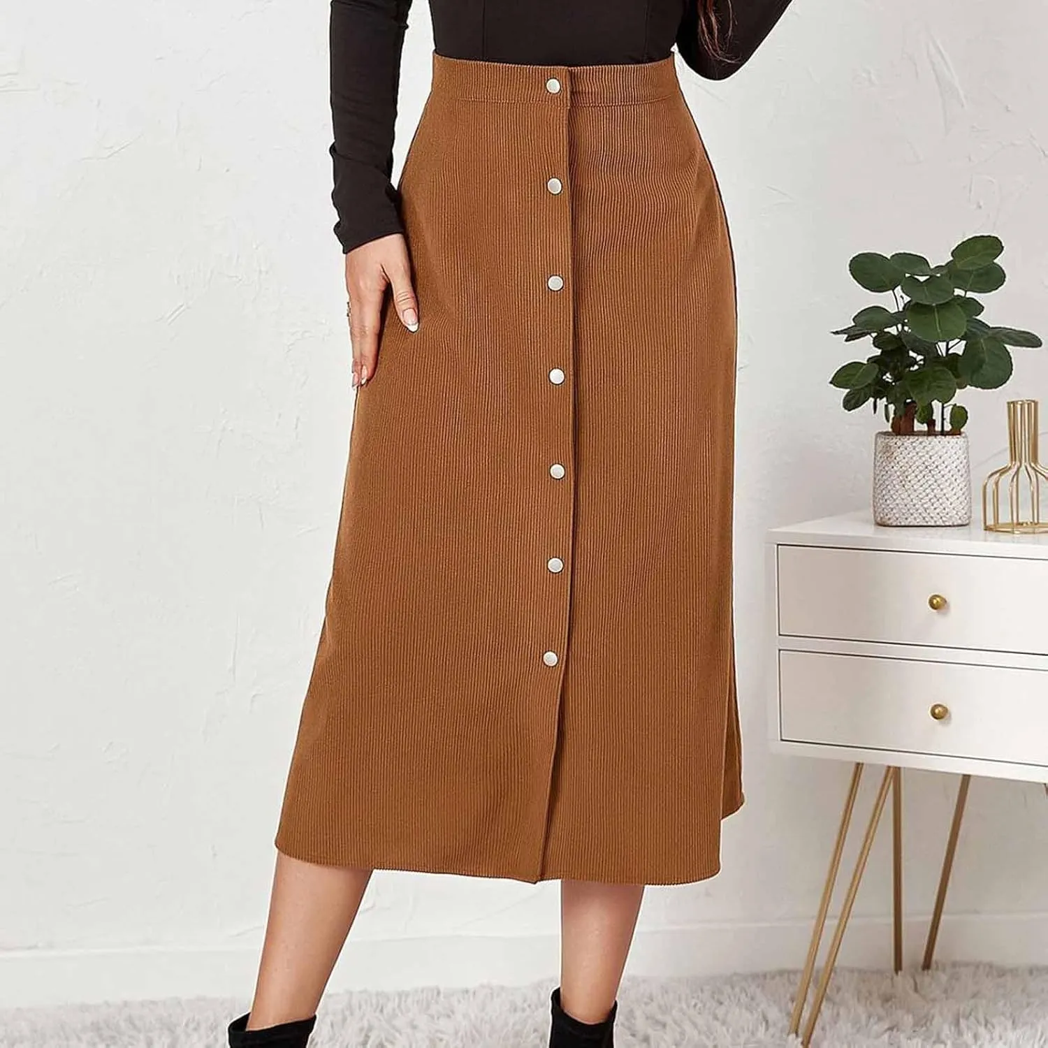 Women's High Waist Corduroy A-Line Skirts Button Down Business Work Office Skirt Casual A Line Trendy Dress
