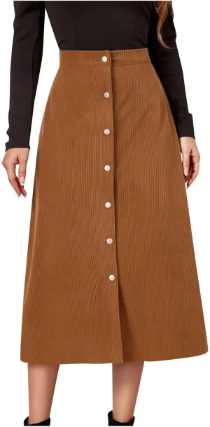 Women's High Waist Corduroy A-Line Skirts Button Down Business Work Office Skirt Casual A Line Trendy Dress