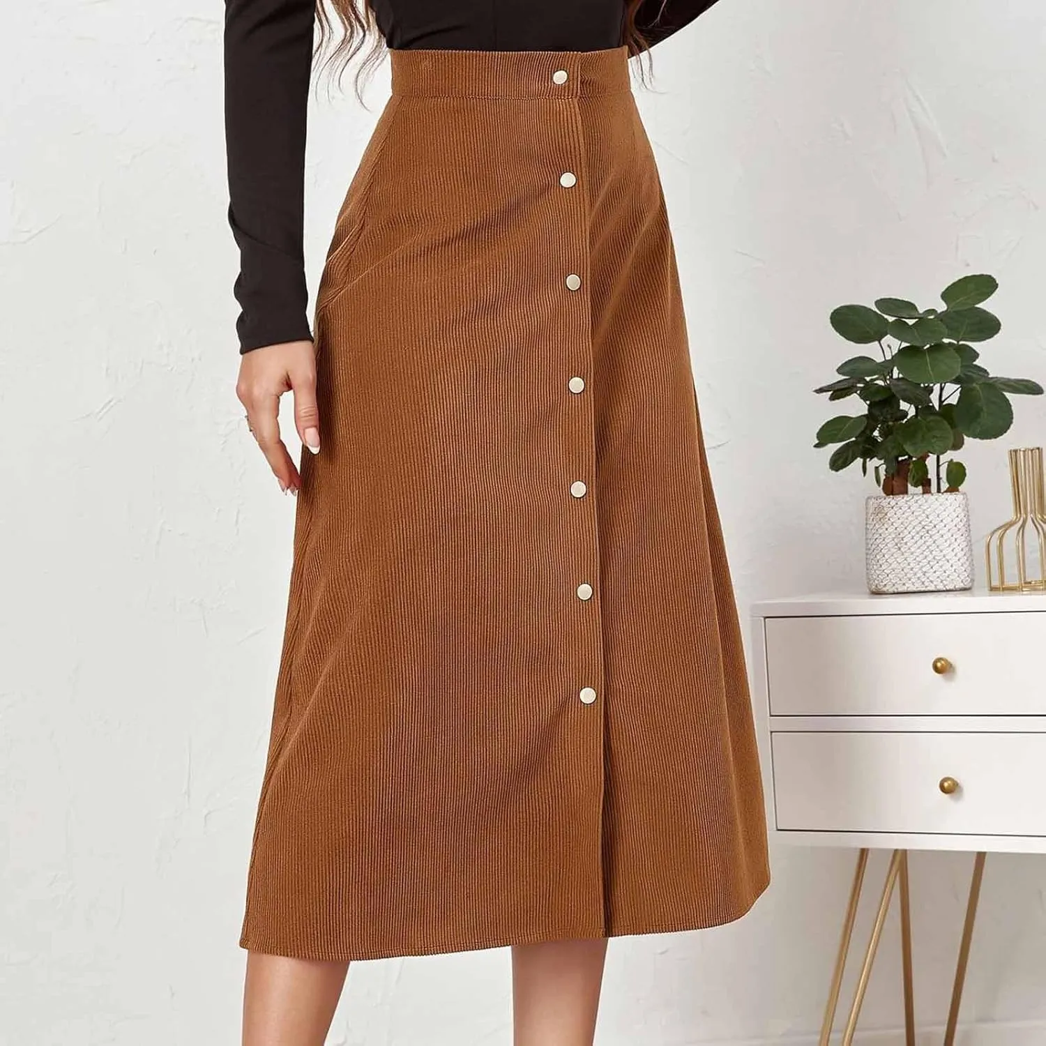 Women's High Waist Corduroy A-Line Skirts Button Down Business Work Office Skirt Casual A Line Trendy Dress