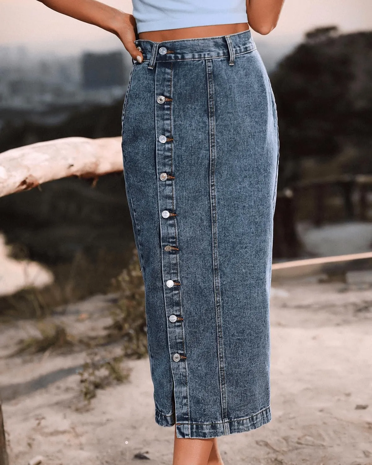 Women's High Waisted Slit Denim Skirts Casual Button Up Long Skirt Trendy Slim Fit Midi Pencil Skirt for Work Party