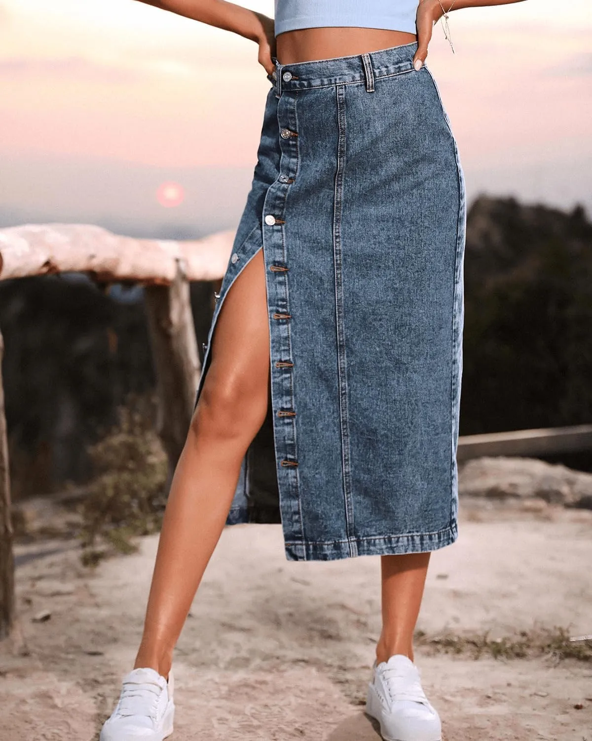 Women's High Waisted Slit Denim Skirts Casual Button Up Long Skirt Trendy Slim Fit Midi Pencil Skirt for Work Party