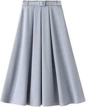 Women's Korean Style Spring High Waist A - Line Midi Skirt with Belt Women Elegant Long Skirt