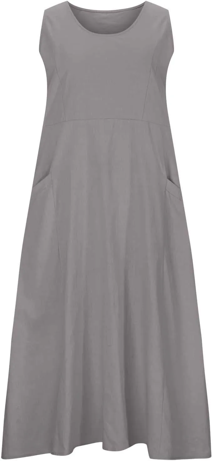Women's Linen Maxi Dresses 2025 Summer Plus Size Sleeveless Flowy Sundress Beach Vacation Long Tank Dress with Pockets