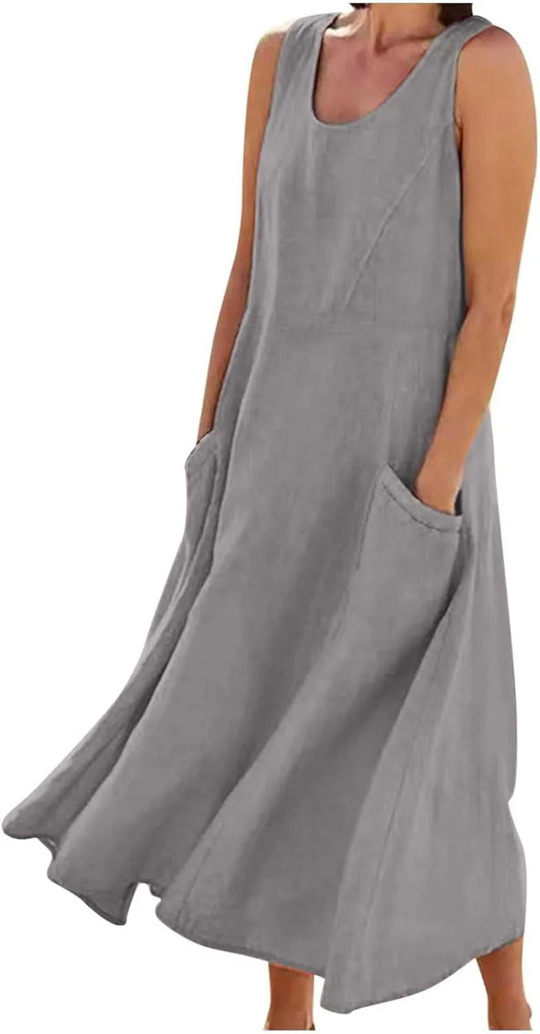 Women's Linen Maxi Dresses 2025 Summer Plus Size Sleeveless Flowy Sundress Beach Vacation Long Tank Dress with Pockets