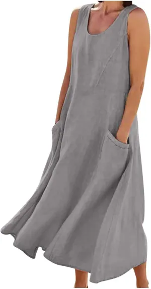 Women's Linen Maxi Dresses 2025 Summer Plus Size Sleeveless Flowy Sundress Beach Vacation Long Tank Dress with Pockets