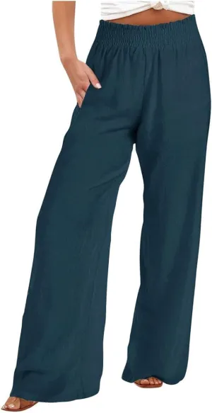 Women's Linen Palazzo Pants with Pockets Flowy Wide Leg Beach Lounge Trousers Summer Casual Vacation Dress Pant