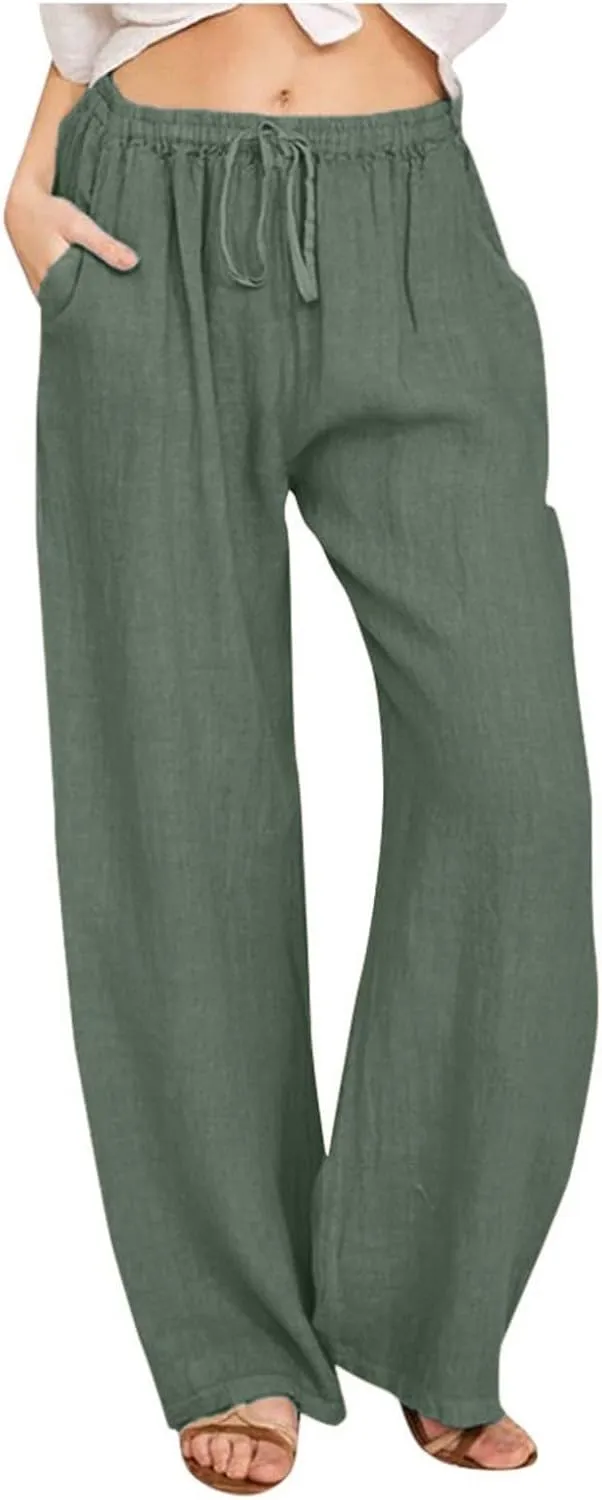 Womens Linen Pants 2025 Summer Beach Lounge Wide Leg Trousers Drawstring High Waisted Palazzo Pants with Pockets