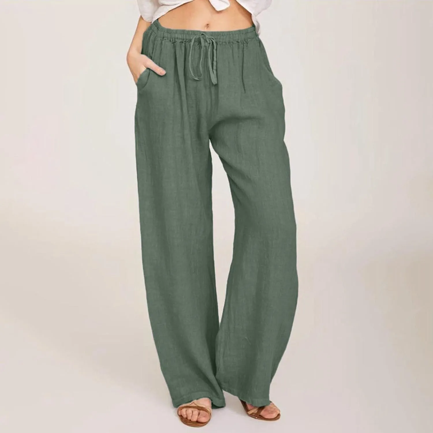 Womens Linen Pants 2025 Summer Beach Lounge Wide Leg Trousers Drawstring High Waisted Palazzo Pants with Pockets