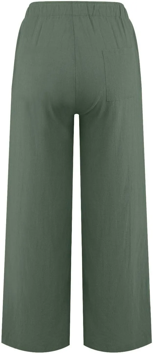 Womens Linen Pants 2025 Summer Beach Lounge Wide Leg Trousers Drawstring High Waisted Palazzo Pants with Pockets