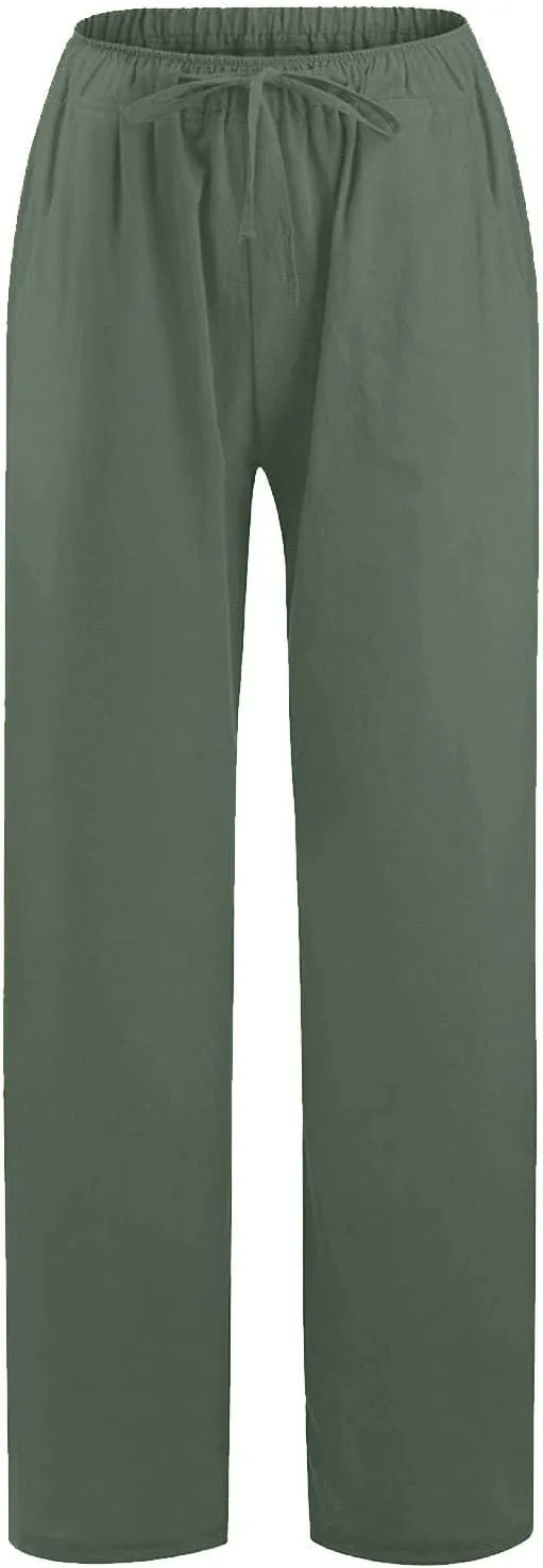 Womens Linen Pants 2025 Summer Beach Lounge Wide Leg Trousers Drawstring High Waisted Palazzo Pants with Pockets
